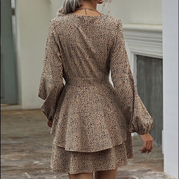Leopard Print V Neck Print Tiered Long Sleeve Frill Mini Dress - Picture 2 of 7